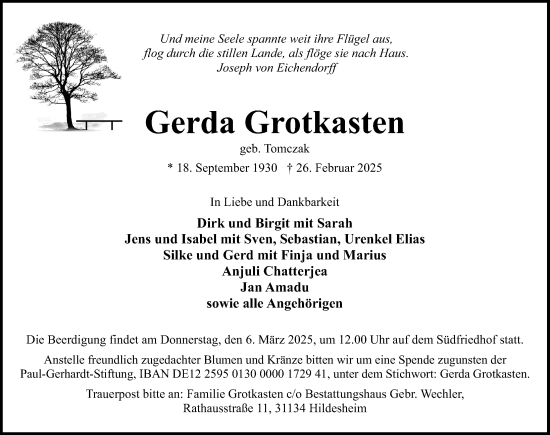 Traueranzeige von Gerda Grotkasten von Hildesheimer Allgemeine Zeitung