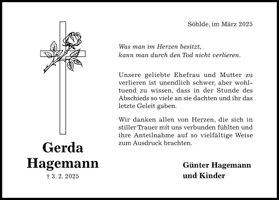 Traueranzeige von Gerda Hagemann von Hildesheimer Allgemeine Zeitung
