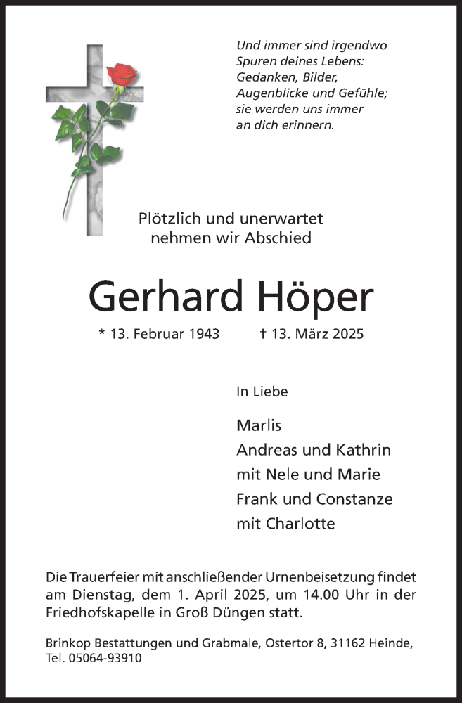  Traueranzeige für Gerhard Höper vom 22.03.2025 aus Hildesheimer Allgemeine Zeitung