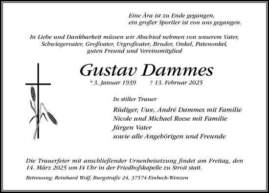 Traueranzeige von Gustav Dammes von Hildesheimer Allgemeine Zeitung