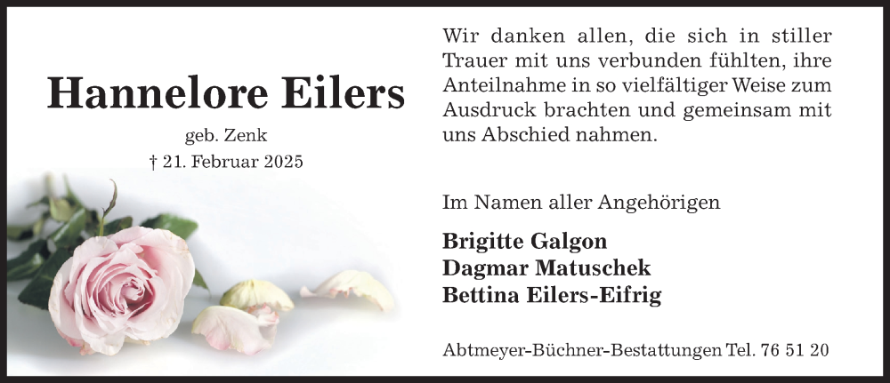  Traueranzeige für Hannelore Eilers vom 29.03.2025 aus Hildesheimer Allgemeine Zeitung