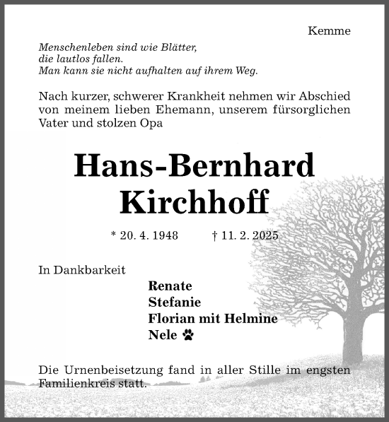 Traueranzeige von Hans-Bernhard Kirchhoff von Hildesheimer Allgemeine Zeitung