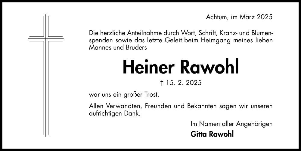  Traueranzeige für Heiner Rawohl vom 22.03.2025 aus Hildesheimer Allgemeine Zeitung