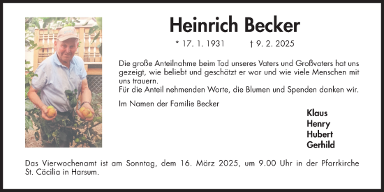 Traueranzeige von Heinrich Becker von Hildesheimer Allgemeine Zeitung