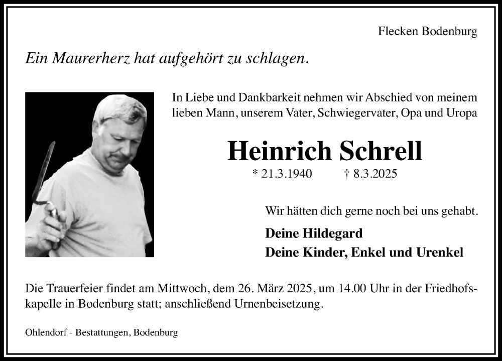  Traueranzeige für Heinrich Schrell vom 12.03.2025 aus Hildesheimer Allgemeine Zeitung