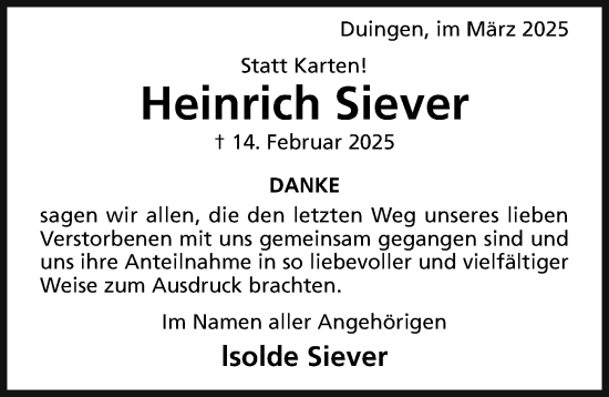 Traueranzeige von Heinrich Siever von Hildesheimer Allgemeine Zeitung
