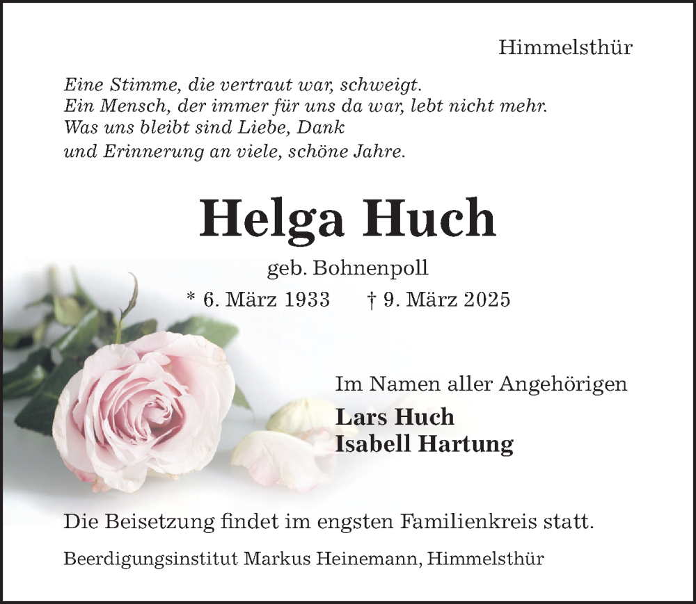  Traueranzeige für Helga Huch vom 12.03.2025 aus Hildesheimer Allgemeine Zeitung