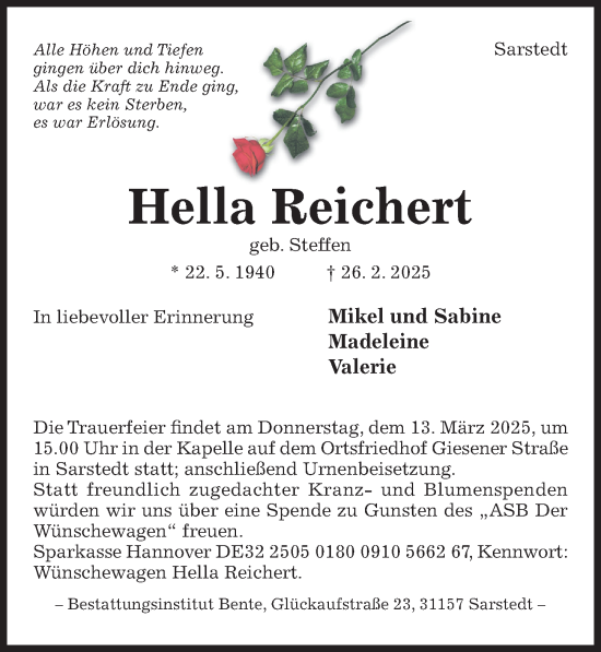 Traueranzeige von Hella Reichert von Hildesheimer Allgemeine Zeitung