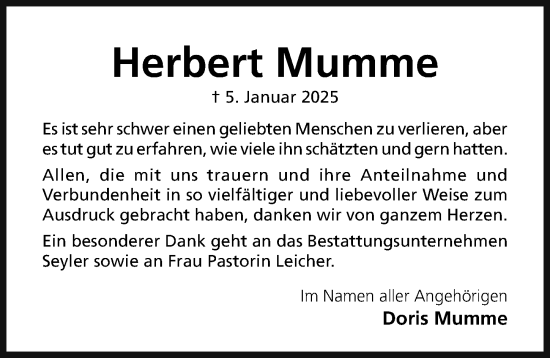 Traueranzeige von Herbert Mumme von Hildesheimer Allgemeine Zeitung