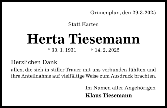 Traueranzeige von Herta Tiesemann von Hildesheimer Allgemeine Zeitung