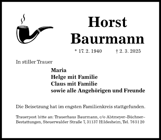 Traueranzeige von Horst Baurmann von Hildesheimer Allgemeine Zeitung