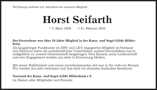 Traueranzeige von Horst Seifarth von Hildesheimer Allgemeine Zeitung