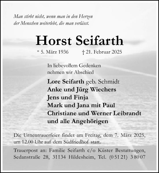 Traueranzeige von Horst Seifarth von Hildesheimer Allgemeine Zeitung