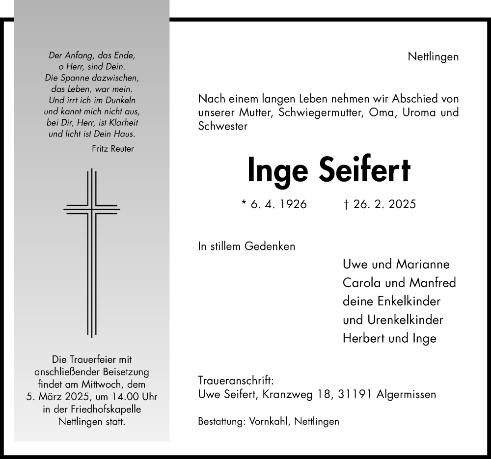  Traueranzeige für Inge Seifert vom 01.03.2025 aus Hildesheimer Allgemeine Zeitung
