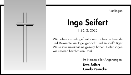 Traueranzeige von Inge Seifert von Hildesheimer Allgemeine Zeitung