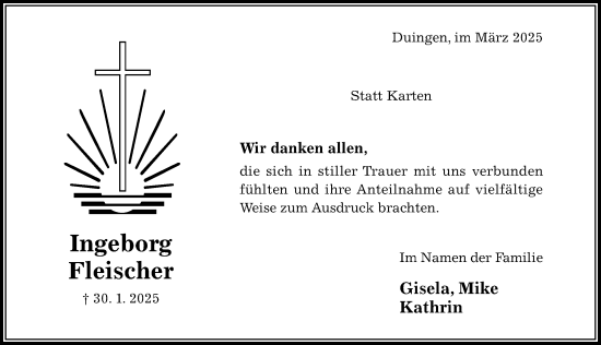 Traueranzeige von Ingeborg Fleischer von Hildesheimer Allgemeine Zeitung
