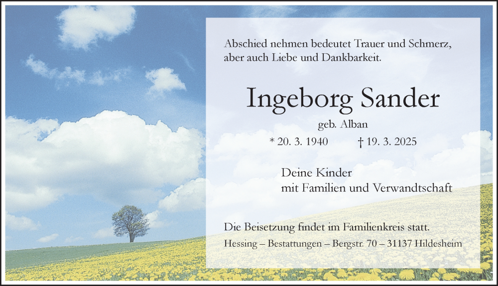  Traueranzeige für Ingeborg Sander vom 26.03.2025 aus Hildesheimer Allgemeine Zeitung