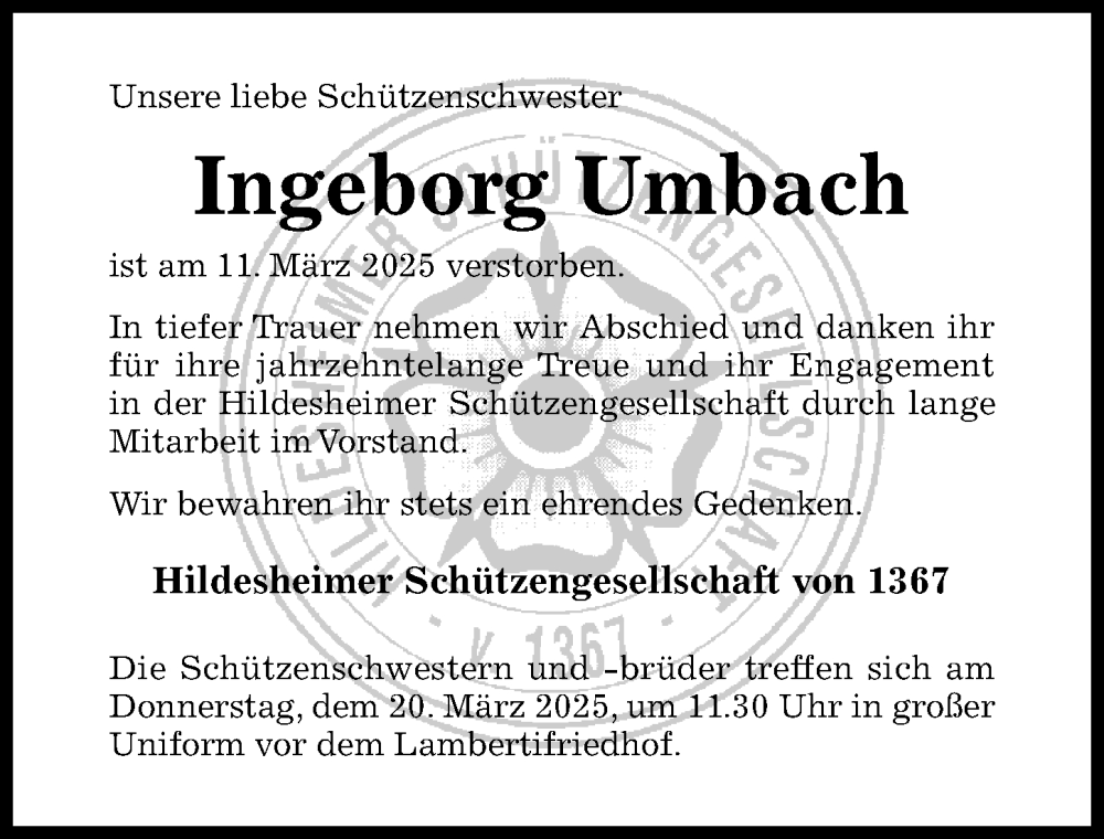  Traueranzeige für Ingeborg Umbach vom 15.03.2025 aus Hildesheimer Allgemeine Zeitung