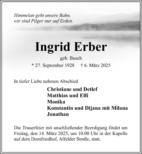 Traueranzeige von Ingrid Erber von Hildesheimer Allgemeine Zeitung