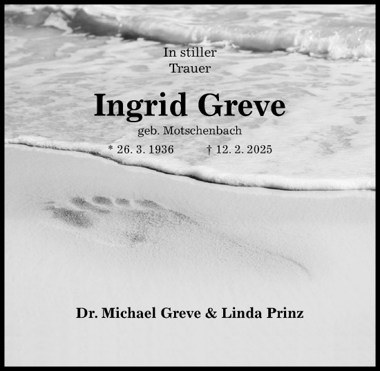 Traueranzeige von Ingrid Greve von Hildesheimer Allgemeine Zeitung