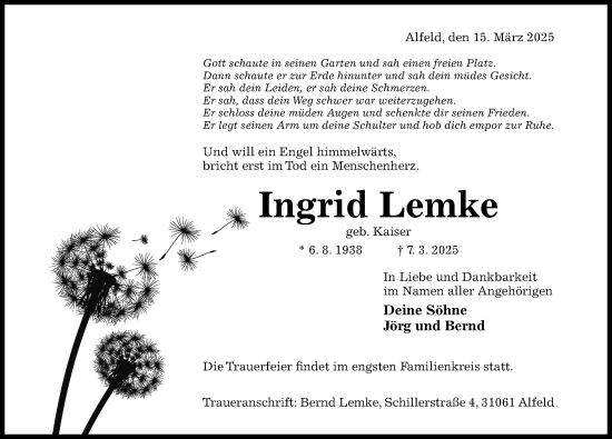 Traueranzeige von Ingrid Lemke von Hildesheimer Allgemeine Zeitung
