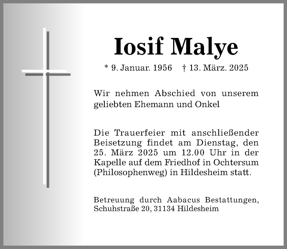  Traueranzeige für Iosif Malye vom 22.03.2025 aus Hildesheimer Allgemeine Zeitung