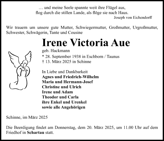Traueranzeige von Irene Victoria Aue von Hildesheimer Allgemeine Zeitung