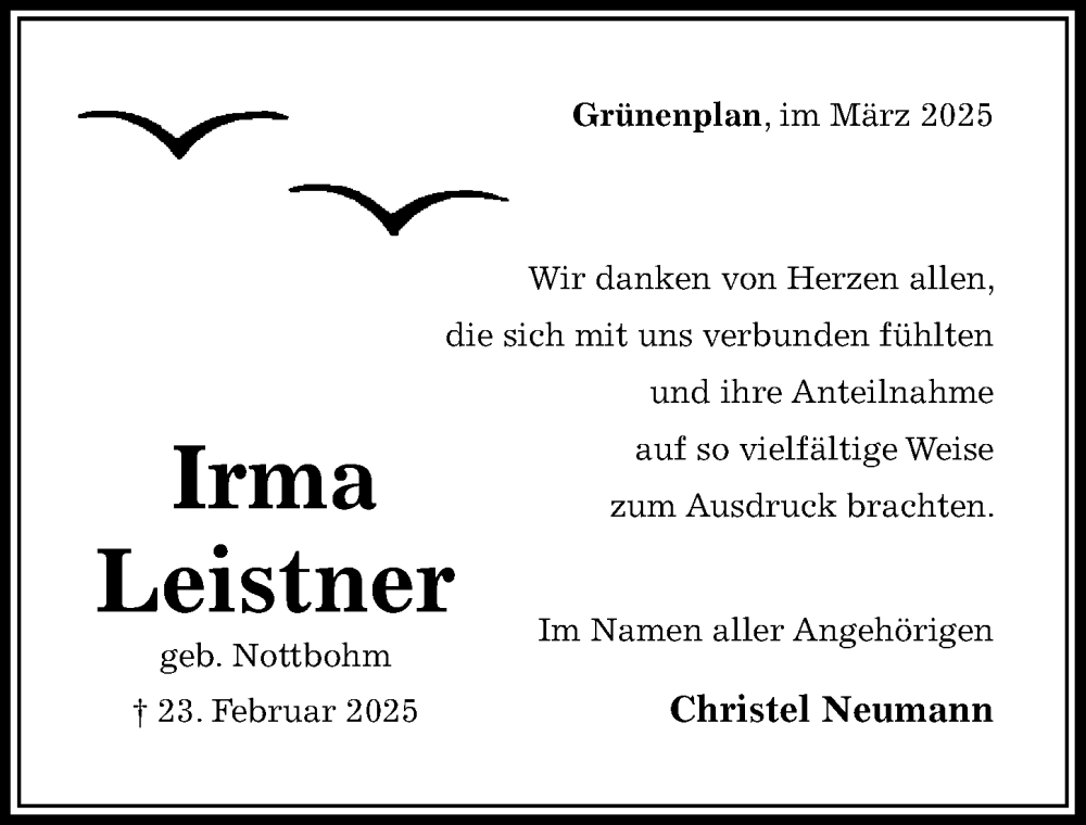  Traueranzeige für Irma Leistner vom 22.03.2025 aus Hildesheimer Allgemeine Zeitung