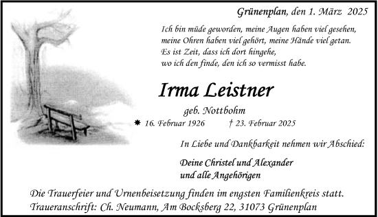Traueranzeige von Irma Leistner von Hildesheimer Allgemeine Zeitung