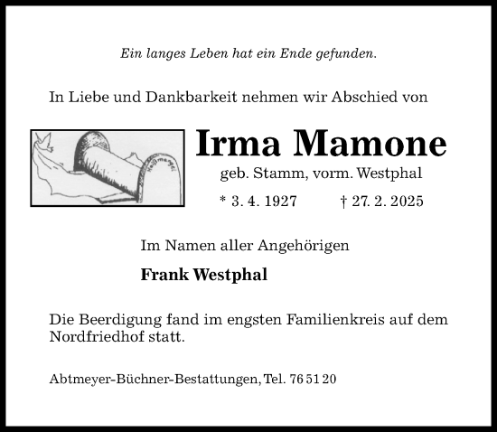 Traueranzeige von Irma Mamone von Hildesheimer Allgemeine Zeitung
