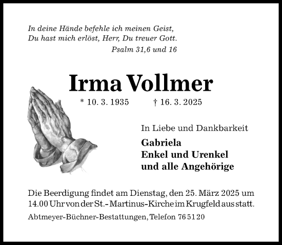 Traueranzeige von Irma Vollmer von Hildesheimer Allgemeine Zeitung