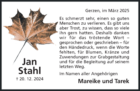 Traueranzeige von Jan Stahl von Hildesheimer Allgemeine Zeitung