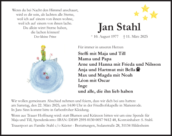Traueranzeige von Jan Stahl von Hildesheimer Allgemeine Zeitung