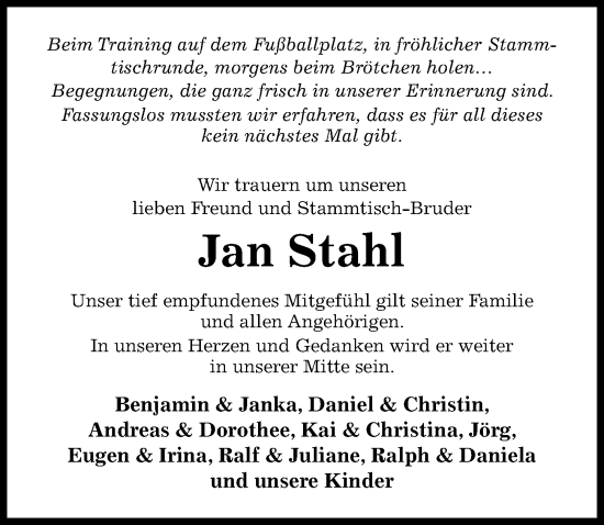 Traueranzeige von Jan Stahl von Hildesheimer Allgemeine Zeitung