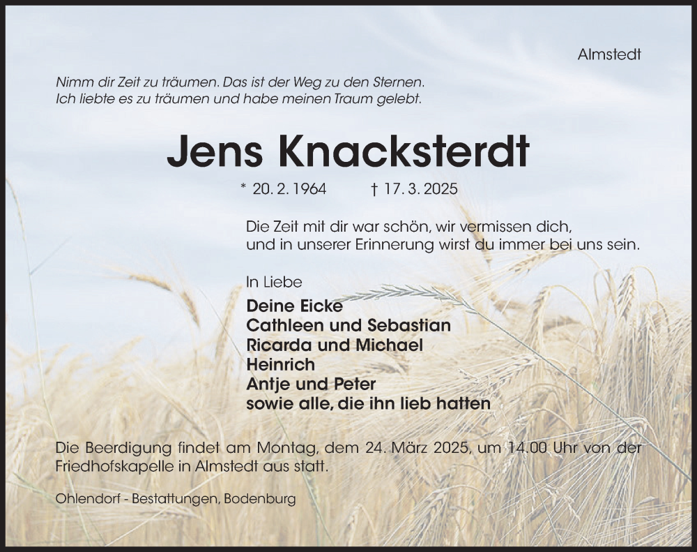  Traueranzeige für Jens Knacksterdt vom 19.03.2025 aus Hildesheimer Allgemeine Zeitung
