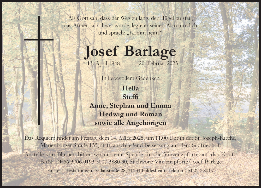  Traueranzeige für Josef Barlage vom 01.03.2025 aus Hildesheimer Allgemeine Zeitung