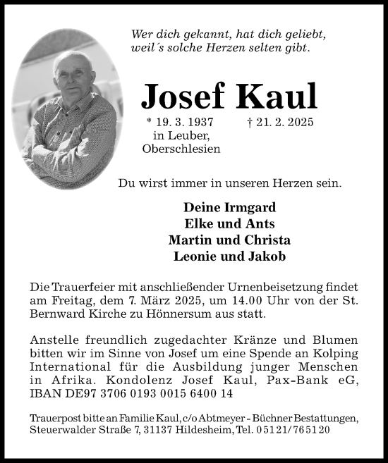 Traueranzeige von Josef Kaul von Hildesheimer Allgemeine Zeitung