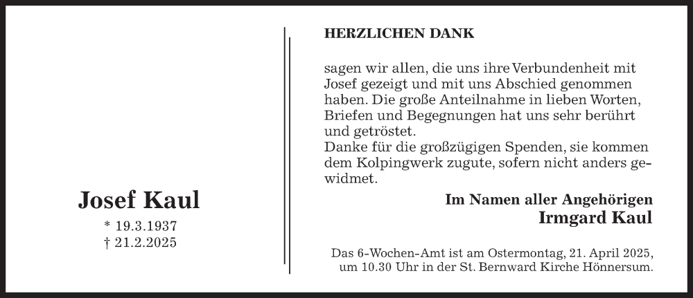  Traueranzeige für Josef Kaul vom 29.03.2025 aus Hildesheimer Allgemeine Zeitung