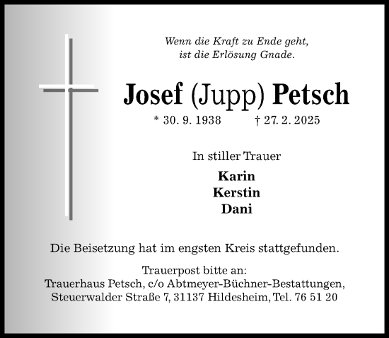 Traueranzeige von Josef Petsch von Hildesheimer Allgemeine Zeitung