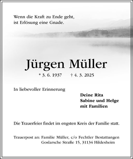 Traueranzeige von Jürgen Müller von Hildesheimer Allgemeine Zeitung