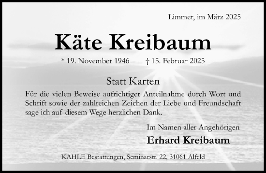 Traueranzeige von Käte Kreibaum von Hildesheimer Allgemeine Zeitung