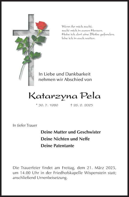 Traueranzeige von Katarzyna Pela von Hildesheimer Allgemeine Zeitung