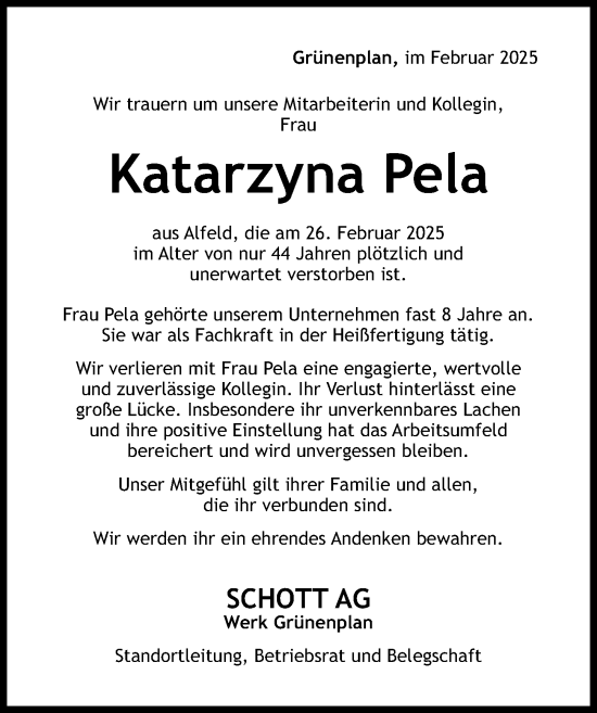 Traueranzeige von Katarzyna Pela von Hildesheimer Allgemeine Zeitung