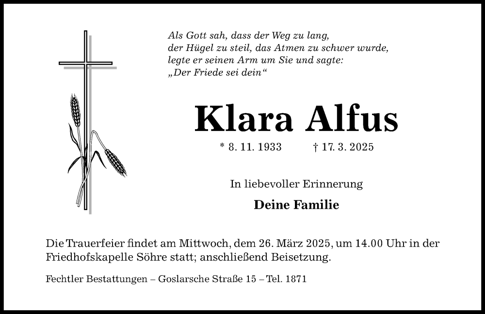  Traueranzeige für Klara Alfus vom 22.03.2025 aus Hildesheimer Allgemeine Zeitung