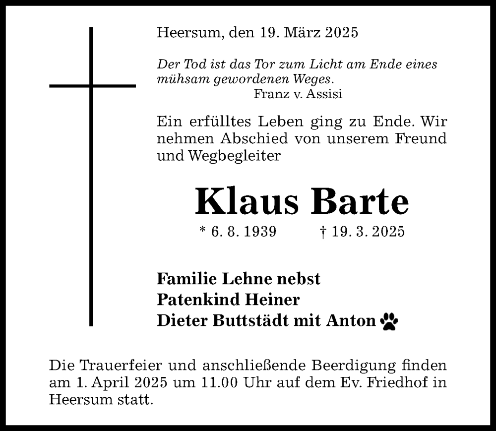  Traueranzeige für Klaus Barte vom 29.03.2025 aus Hildesheimer Allgemeine Zeitung
