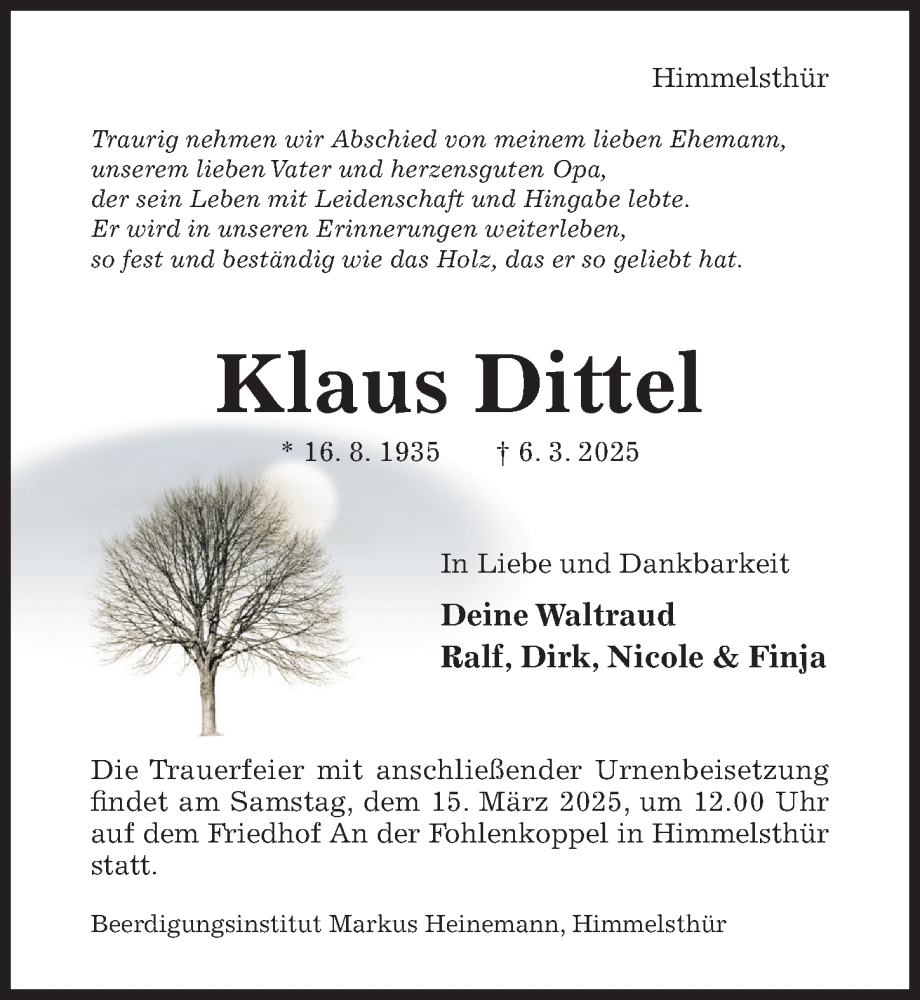  Traueranzeige für Klaus Dittel vom 12.03.2025 aus Hildesheimer Allgemeine Zeitung