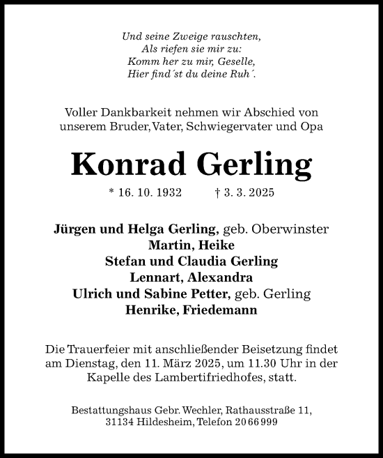 Traueranzeige von Konrad Gerling von Hildesheimer Allgemeine Zeitung