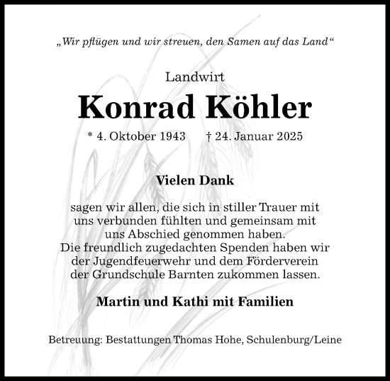 Traueranzeige von Konrad Köhler von Hildesheimer Allgemeine Zeitung