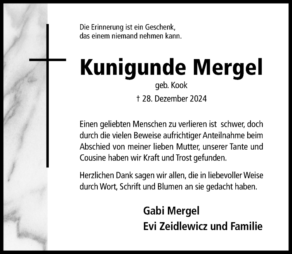  Traueranzeige für Kunigunde Mergel vom 01.03.2025 aus Hildesheimer Allgemeine Zeitung
