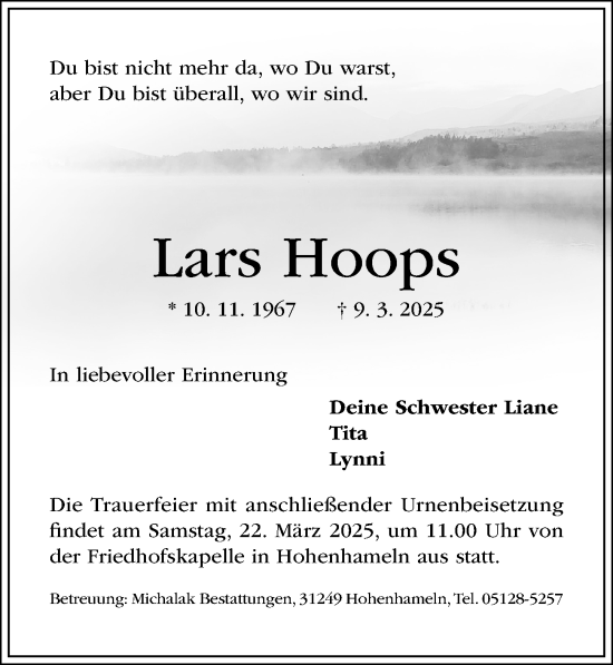 Traueranzeige von Lars Hoops von Hildesheimer Allgemeine Zeitung